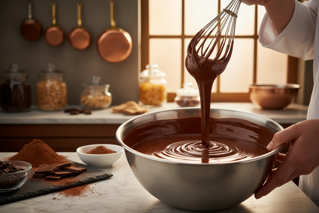 crema al ciccolato glassa crea un immaggine di lavorazione ed una del prodotto finito